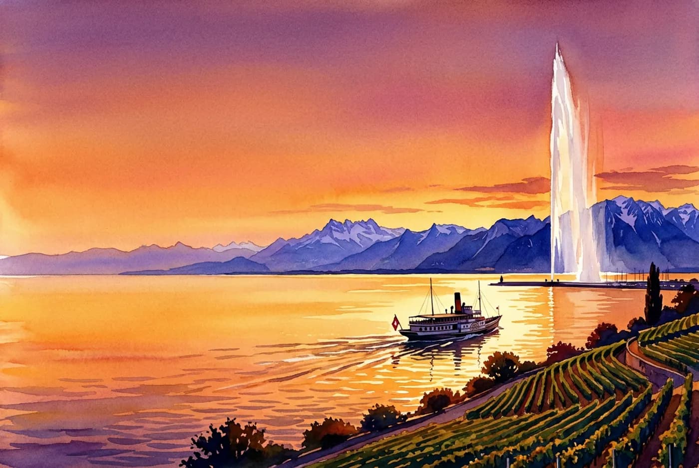 Lake Geneva postcard illustration with the Jet d'Eau at golden hour
