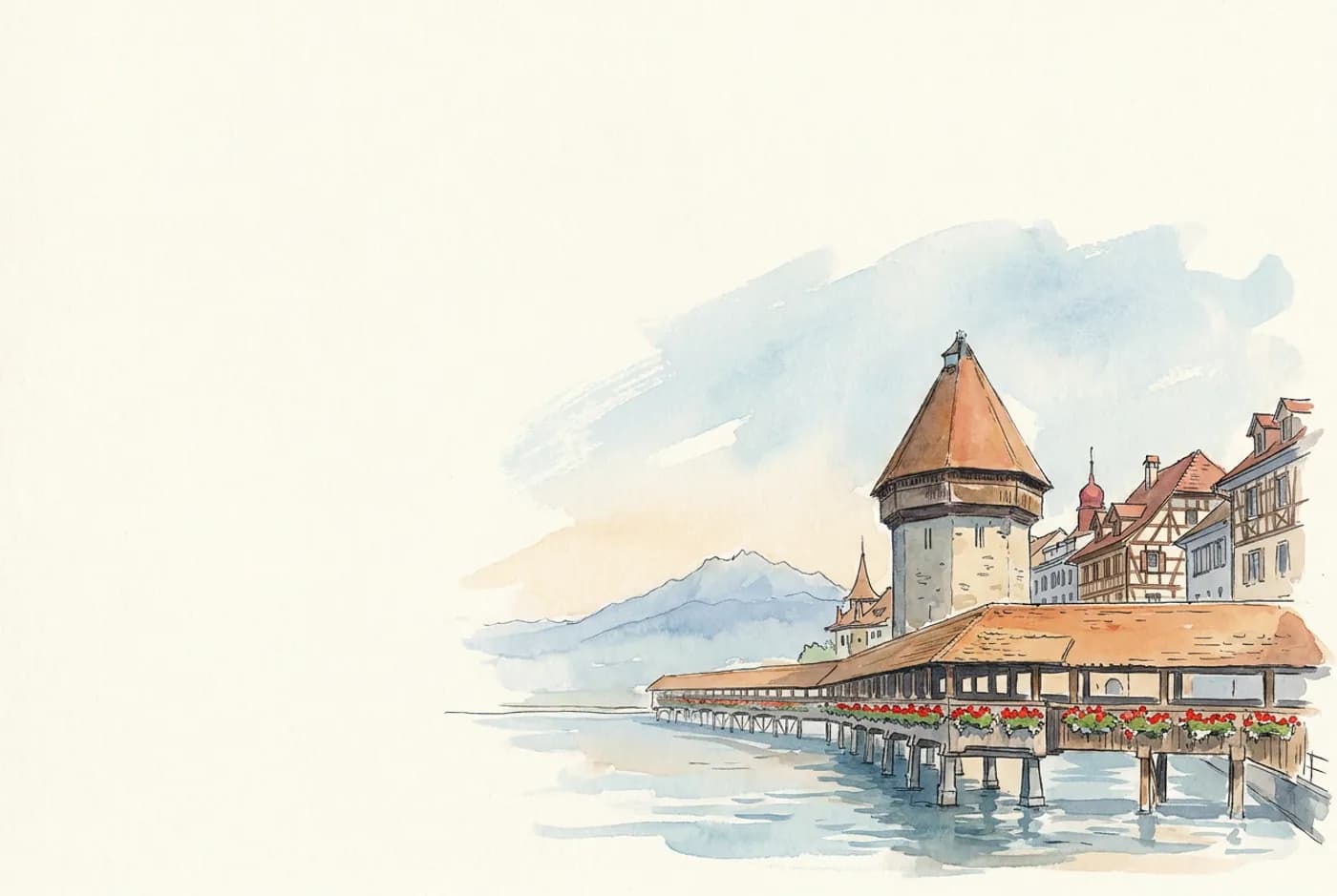 Watercolor Lucerne postcard with the covered wooden bridge over the Reuss
