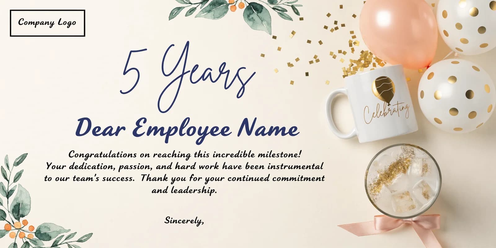 Personalized work anniversary card on executive cream stock with gold laurel and employee recognition message
