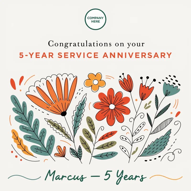 5-year service milestone card with commemorative botanical frame