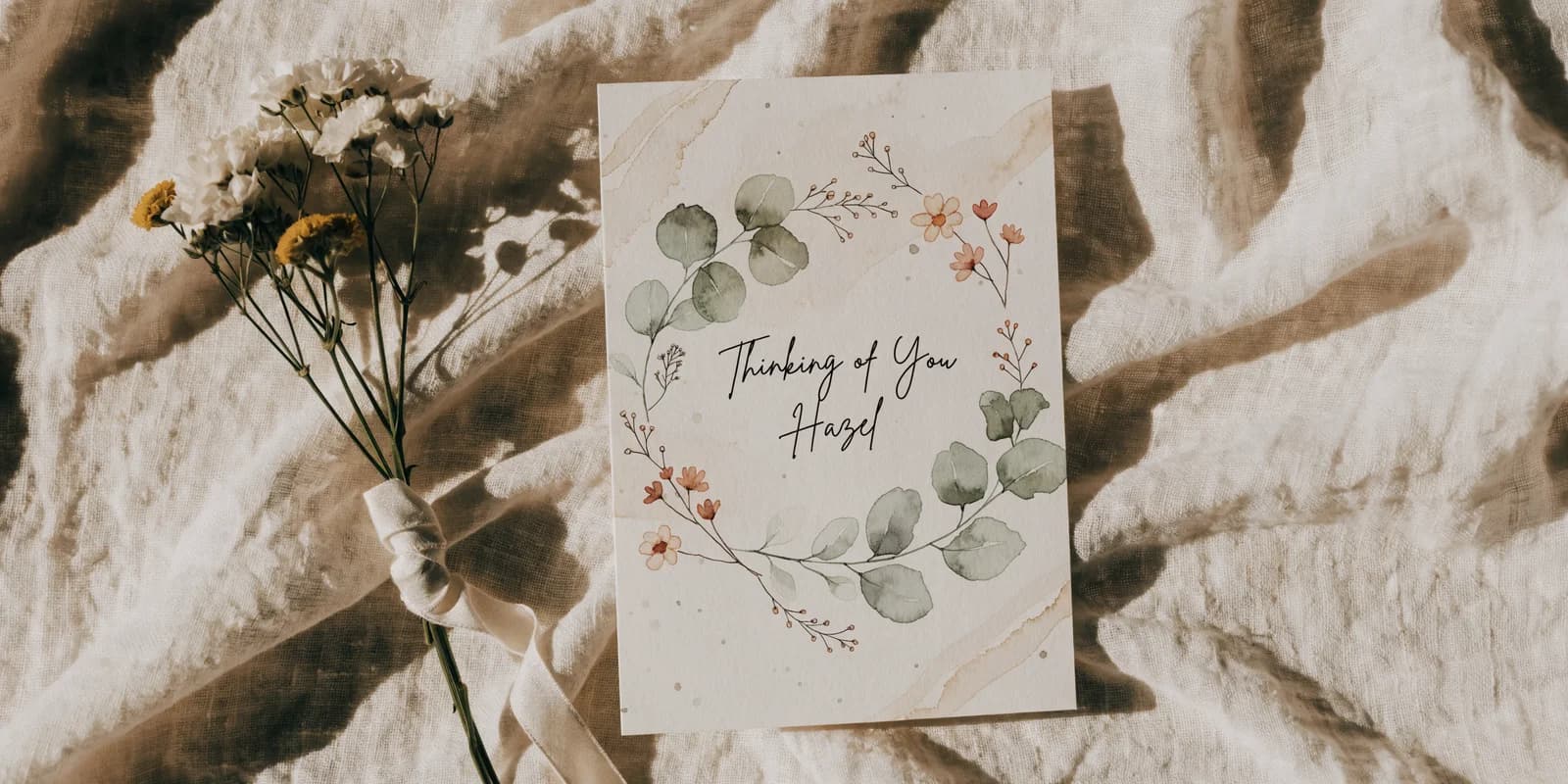 Personalized get-well card with watercolor botanical illustration and lettered name on warm cream