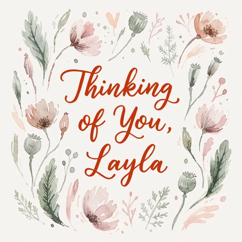 Get-well card with loose watercolor botanicals and warm lettered name