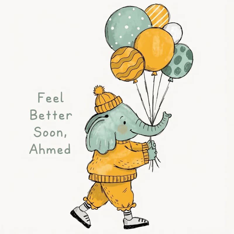 Children's get-well card with friendly illustrated animals and bright colours