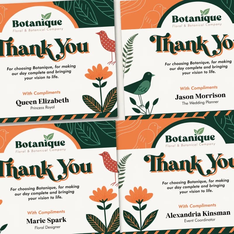 Bulk personalized thank-you cards with different client names in matching design