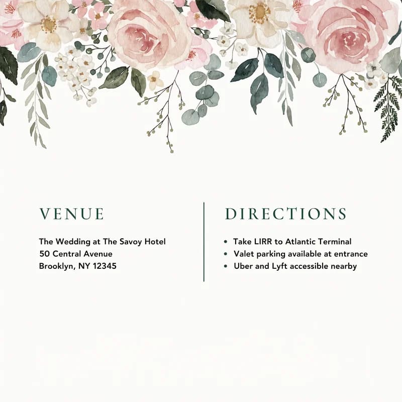 DL-format wedding details card with watercolor floral header