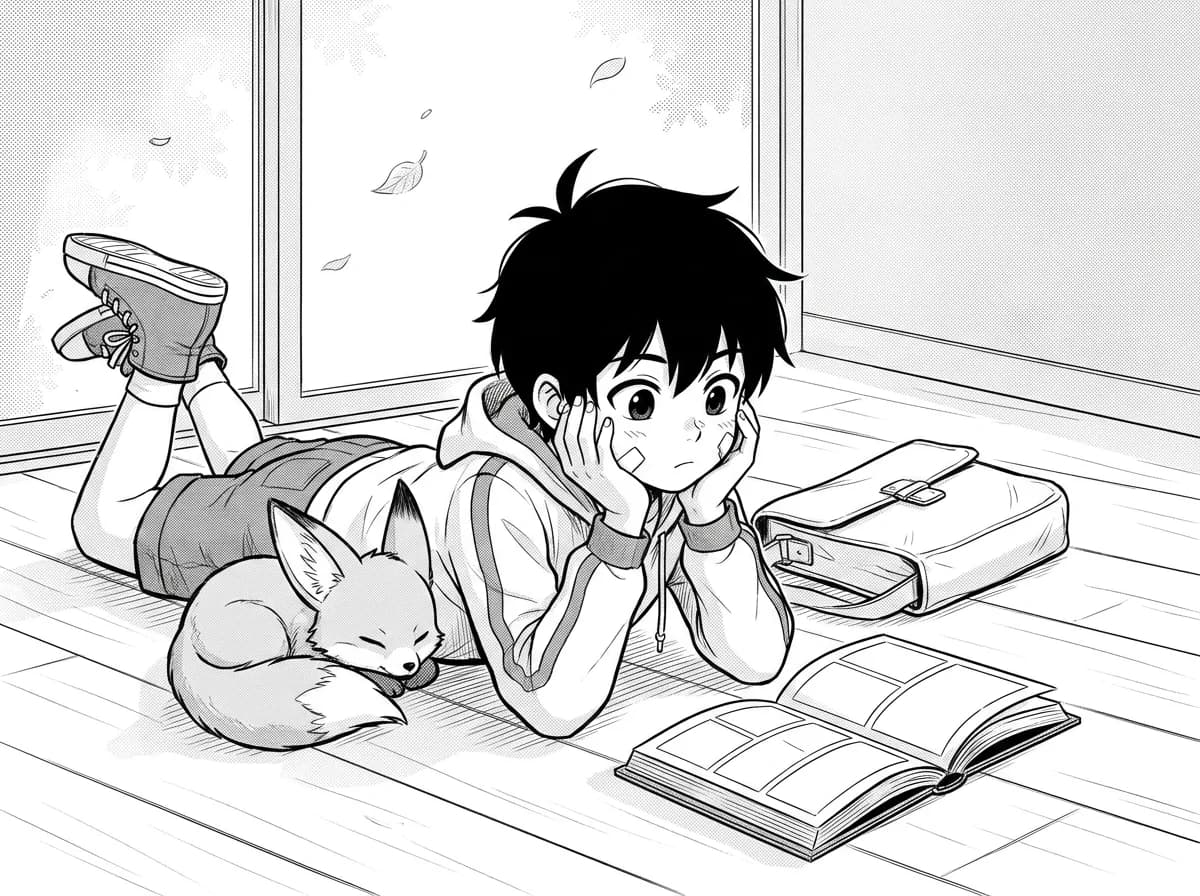 Manga illustration: a boy reading a manga volume on a sunlit floor with a fox asleep beside him