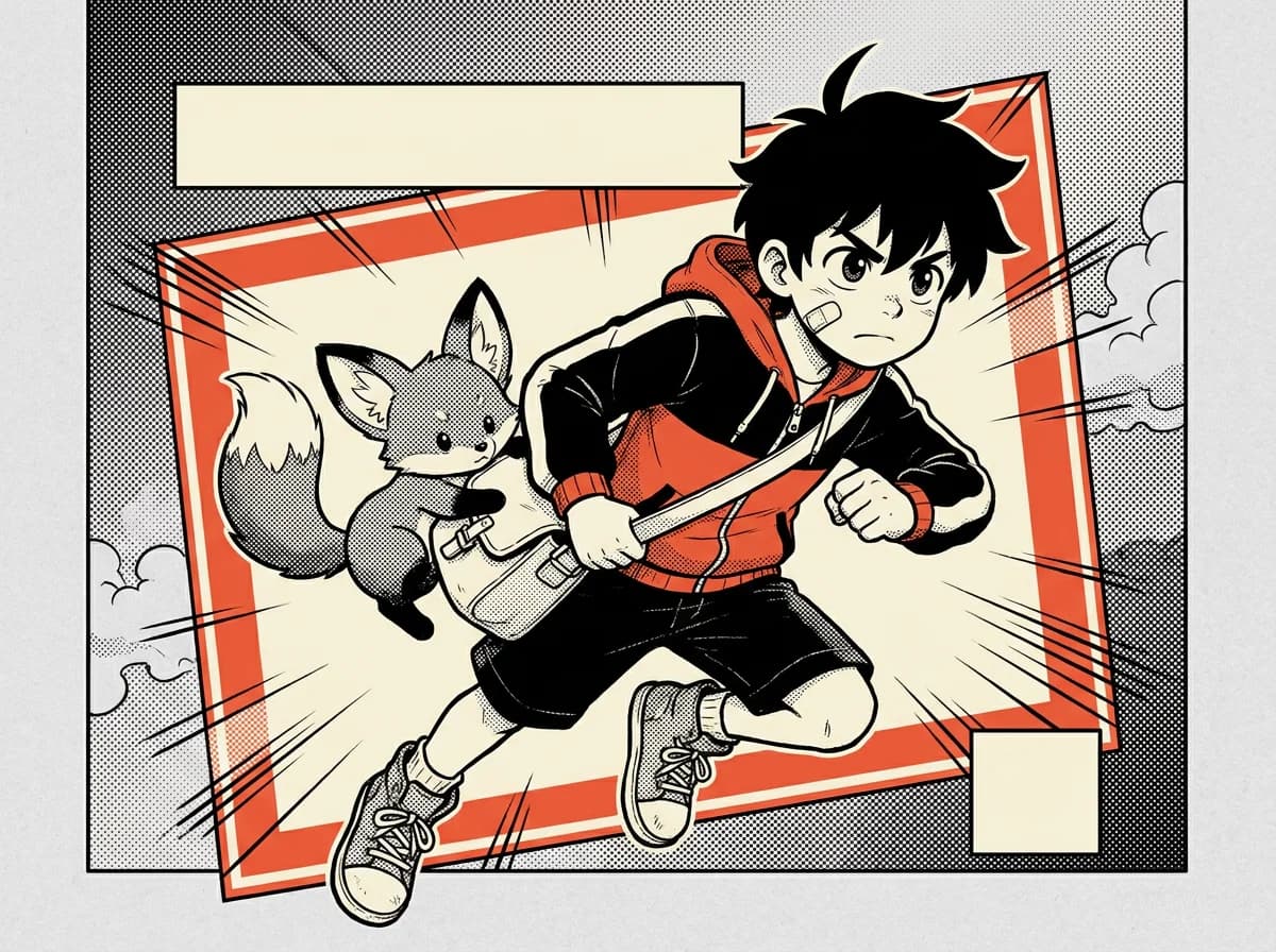 Manga illustration: a boy and his fox burst out of a vermilion cover frame with an empty title band