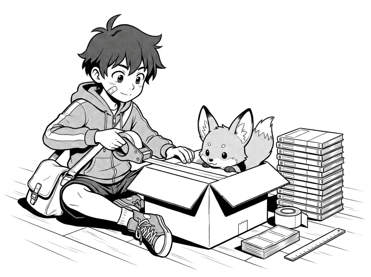 Manga illustration: a boy taping a shipping box beside a stack of paperback manga volumes, a fox peeking out of the box