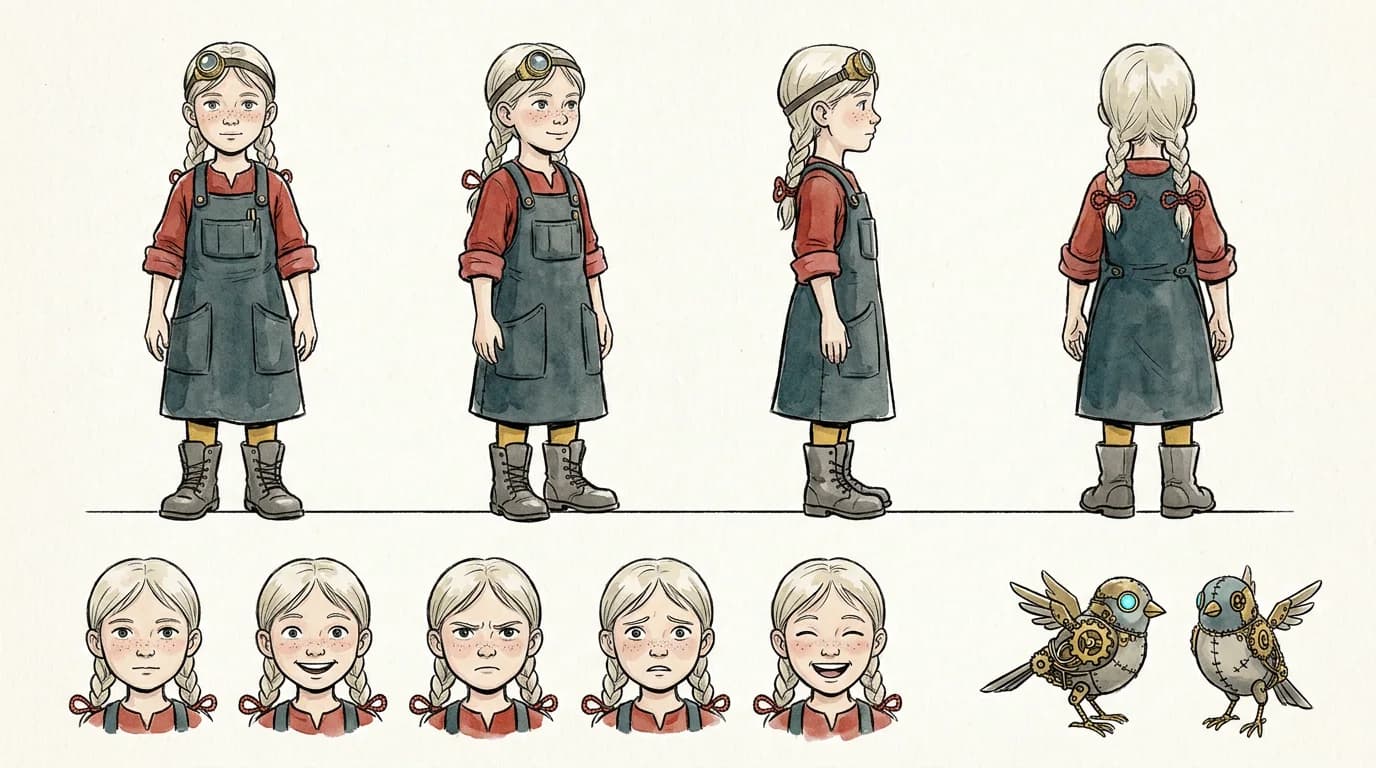 Character model sheet: a Swiss girl inventor in front, three-quarter, side and back view on one baseline, with five expression studies and her mechanical bird