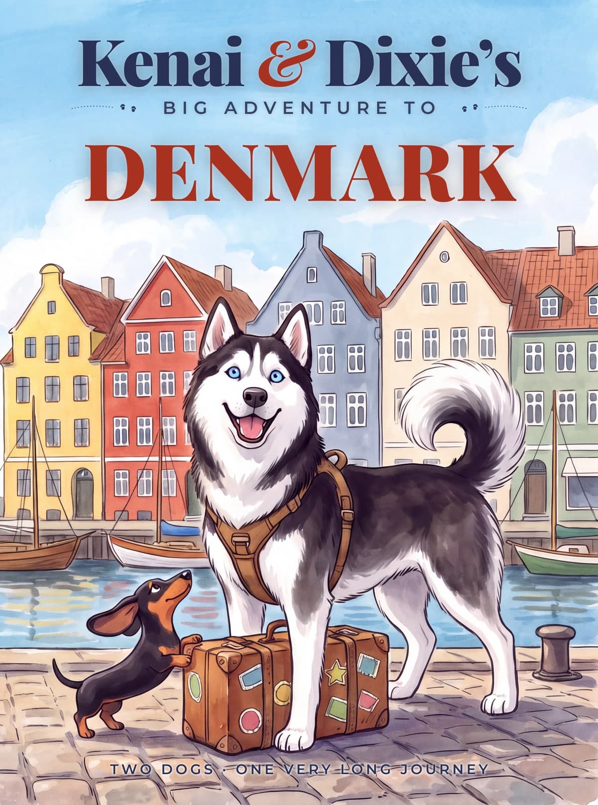 Cover of a custom dog illustrated book showing real pets on an adventure