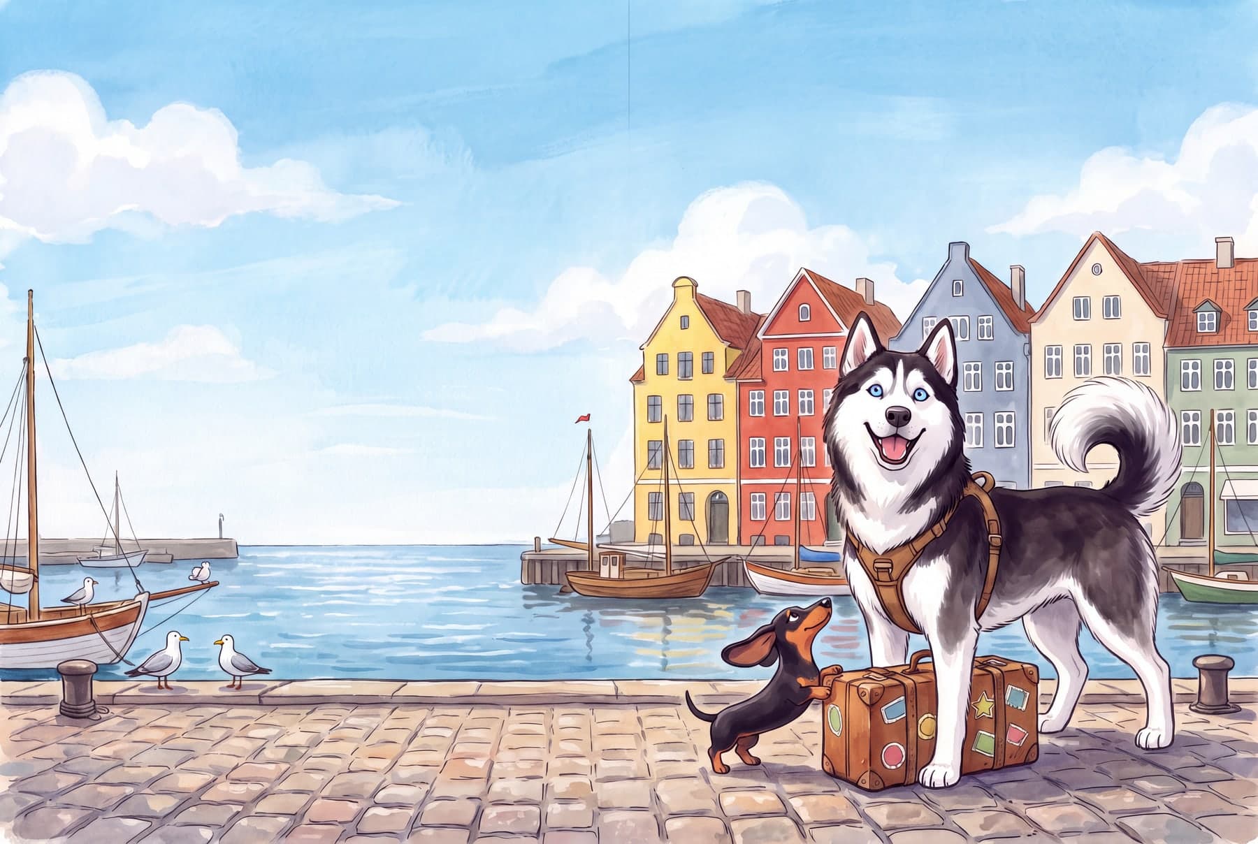 Full wraparound cover illustration: a Danish harbour with coloured gabled houses, boats and gulls, with a husky and a dachshund on the quay at the right