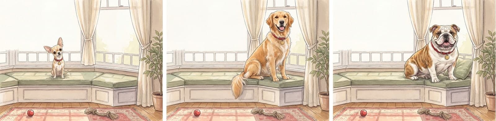 The same window-seat scene illustrated three times with a chihuahua, a golden retriever and a bulldog, each at its own true size