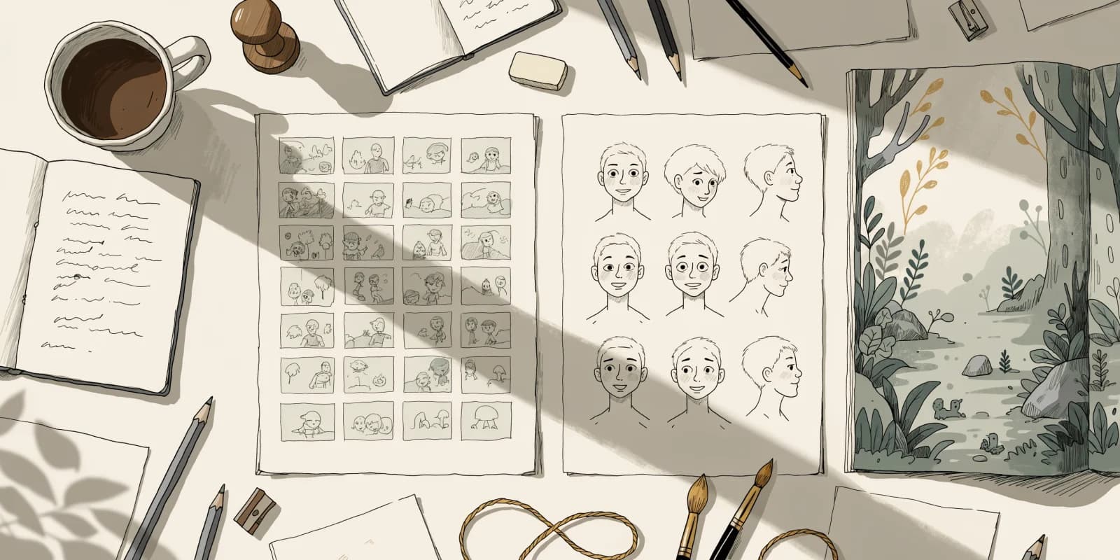 A manuscript, a storyboard thumbnail grid, a character turnaround sheet and a part-painted spread laid out in sequence