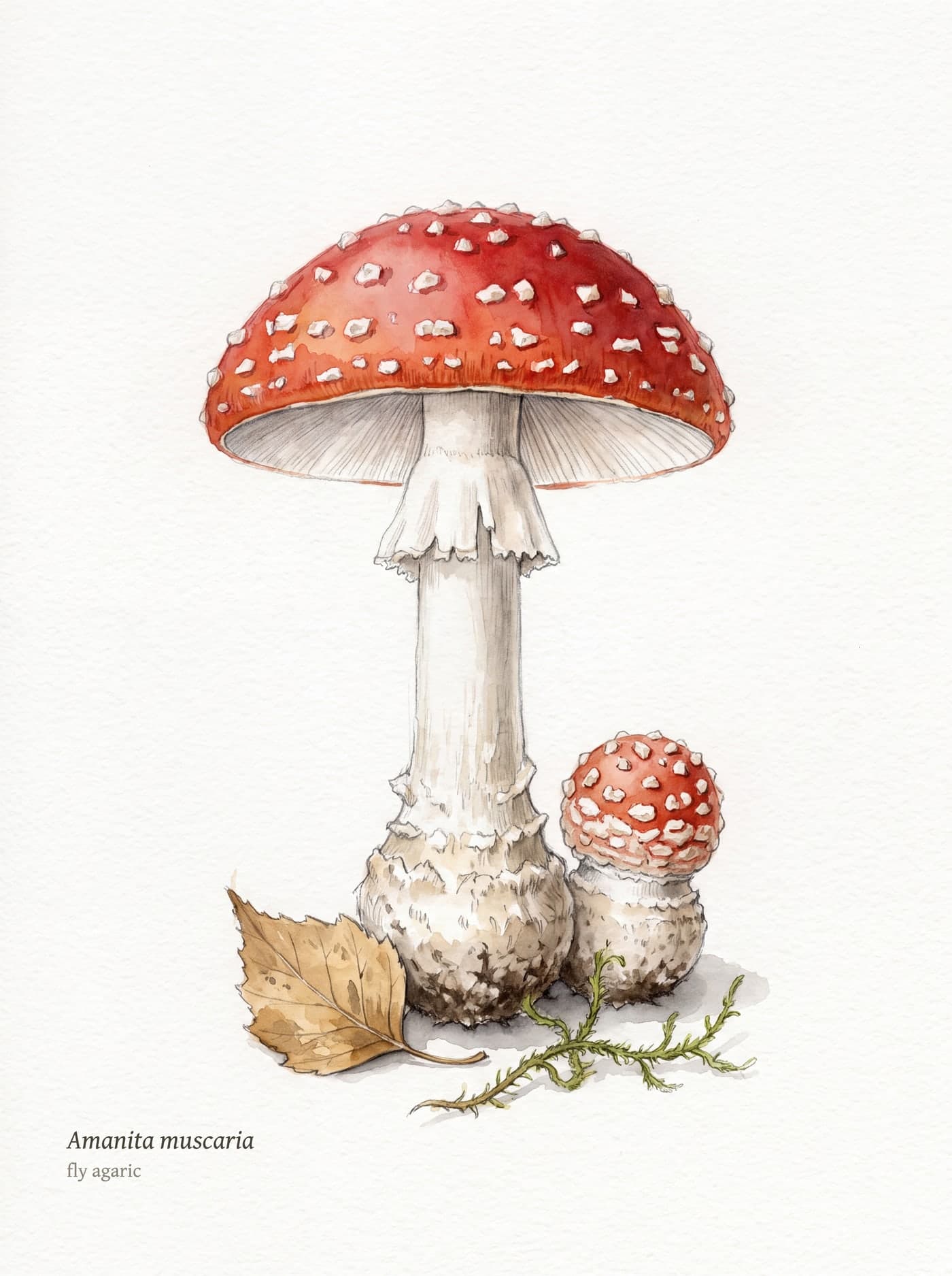 Watercolour study of the fly agaric mushroom, Amanita muscaria, with a button-stage specimen and birch leaf