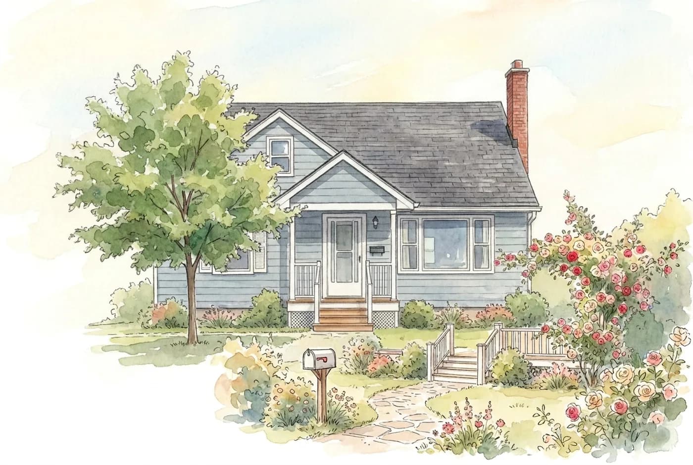 The same home redrawn as an original studio illustration on a postcard