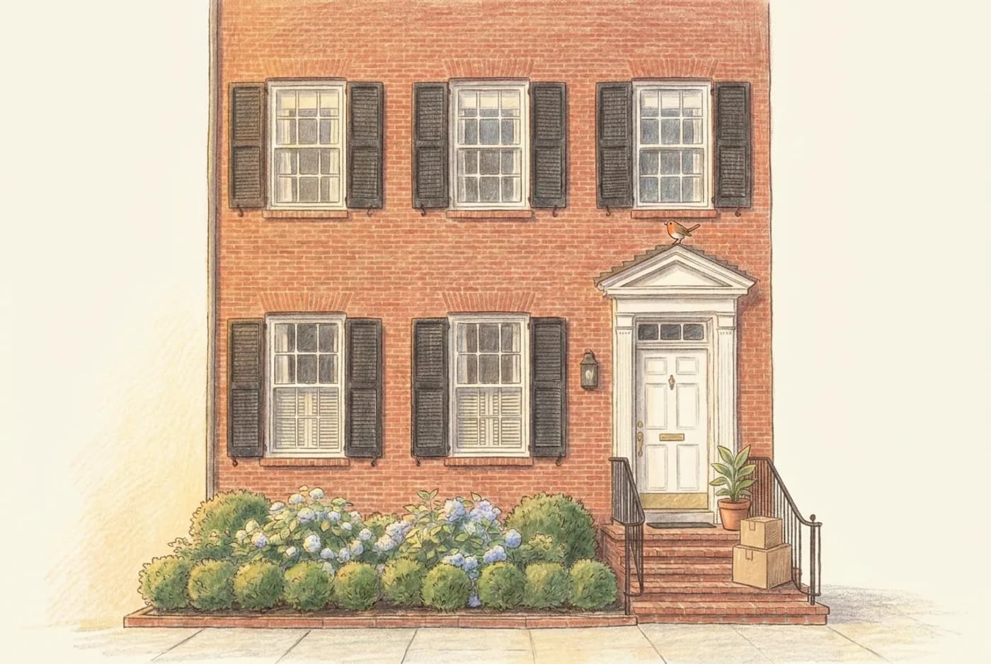 The same townhouse redrawn as a warm colored-pencil storybook illustration