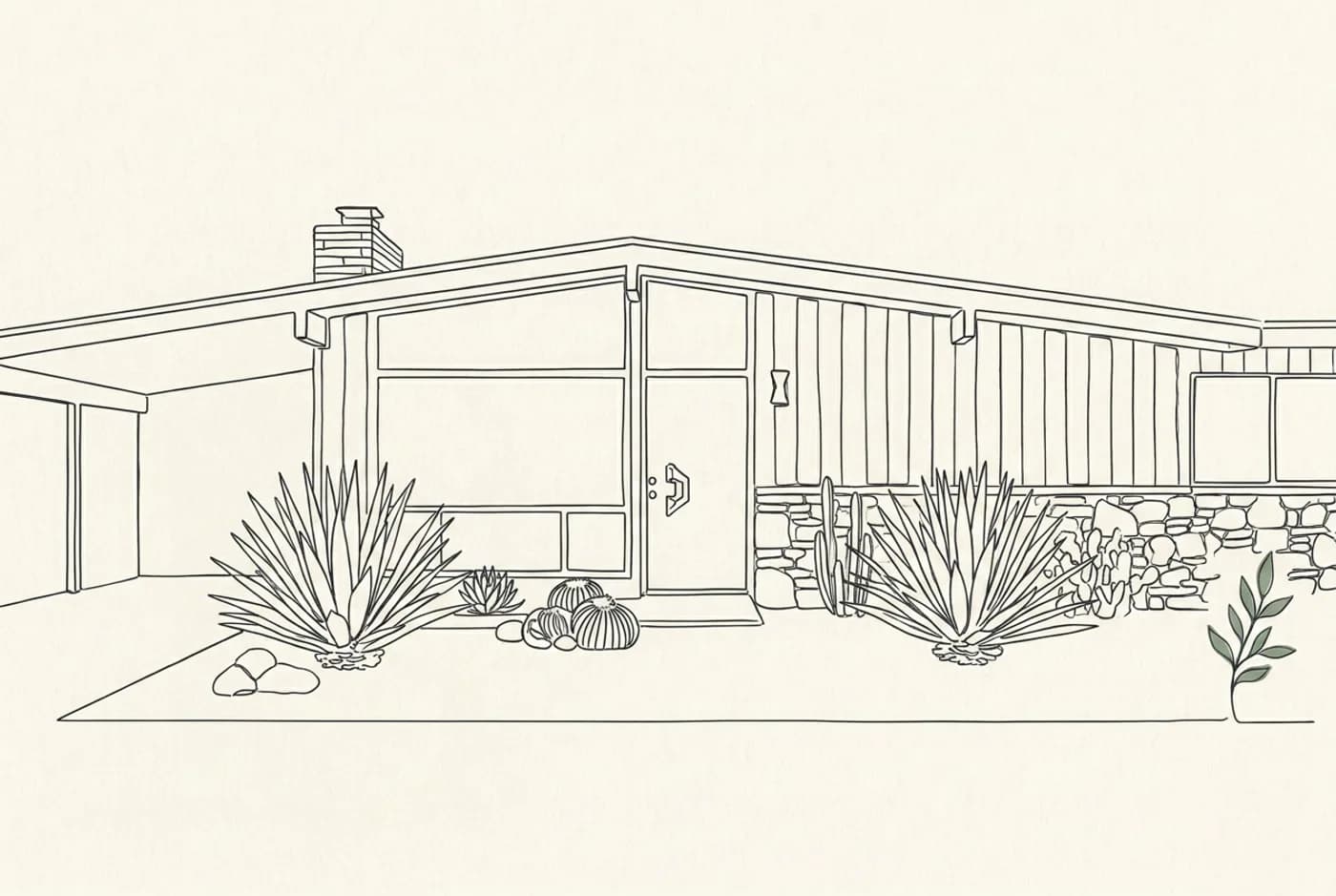 The same ranch house redrawn as a fine-line ink architectural drawing