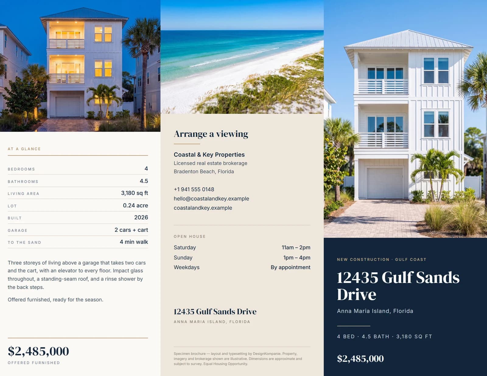 The outside of a tri-fold property brochure: specification flap, back cover with brokerage details, and a front cover showing a white three-storey beach house above the address block