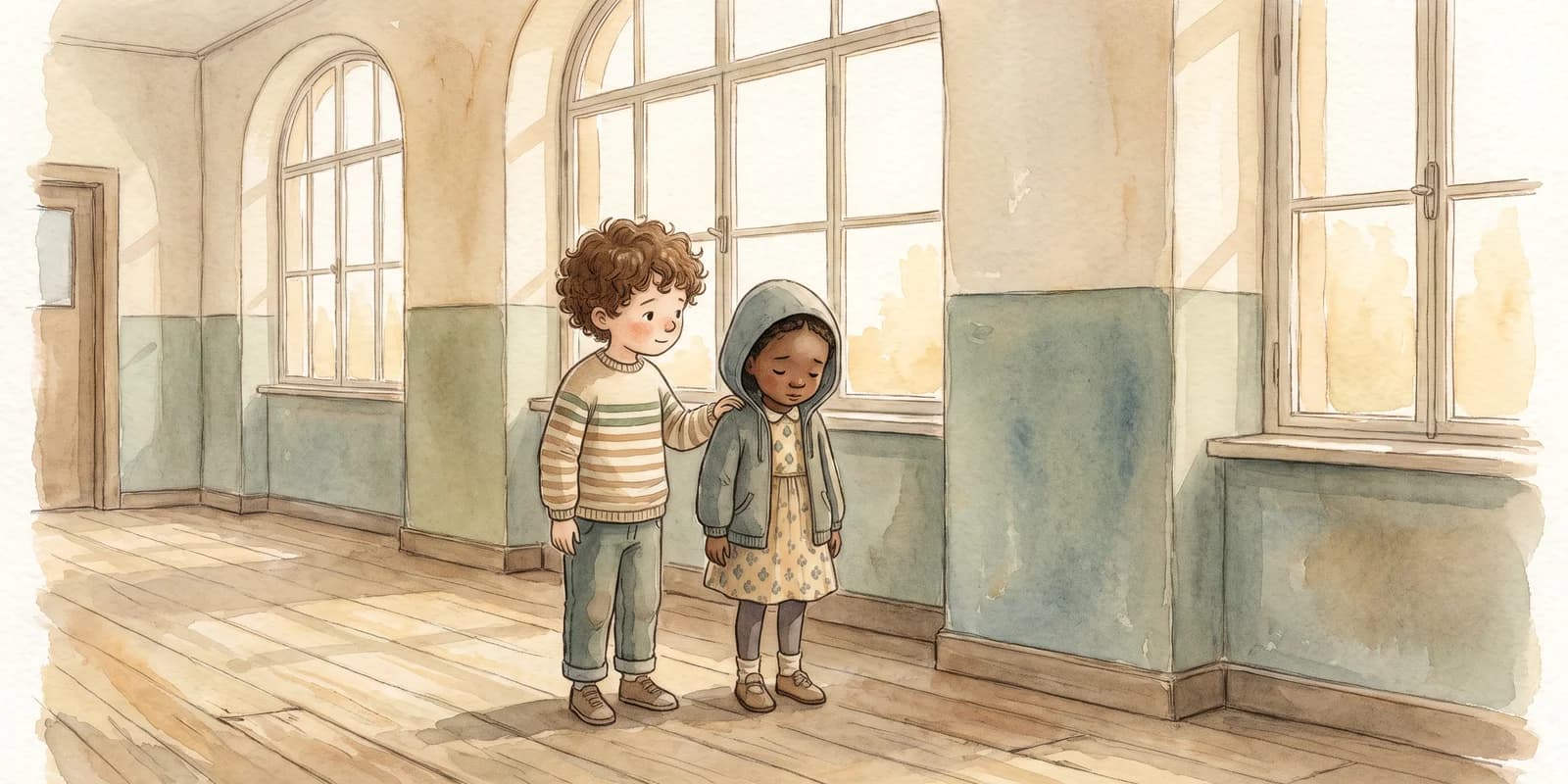 A child standing close beside another downcast child in a school corridor, in watercolour