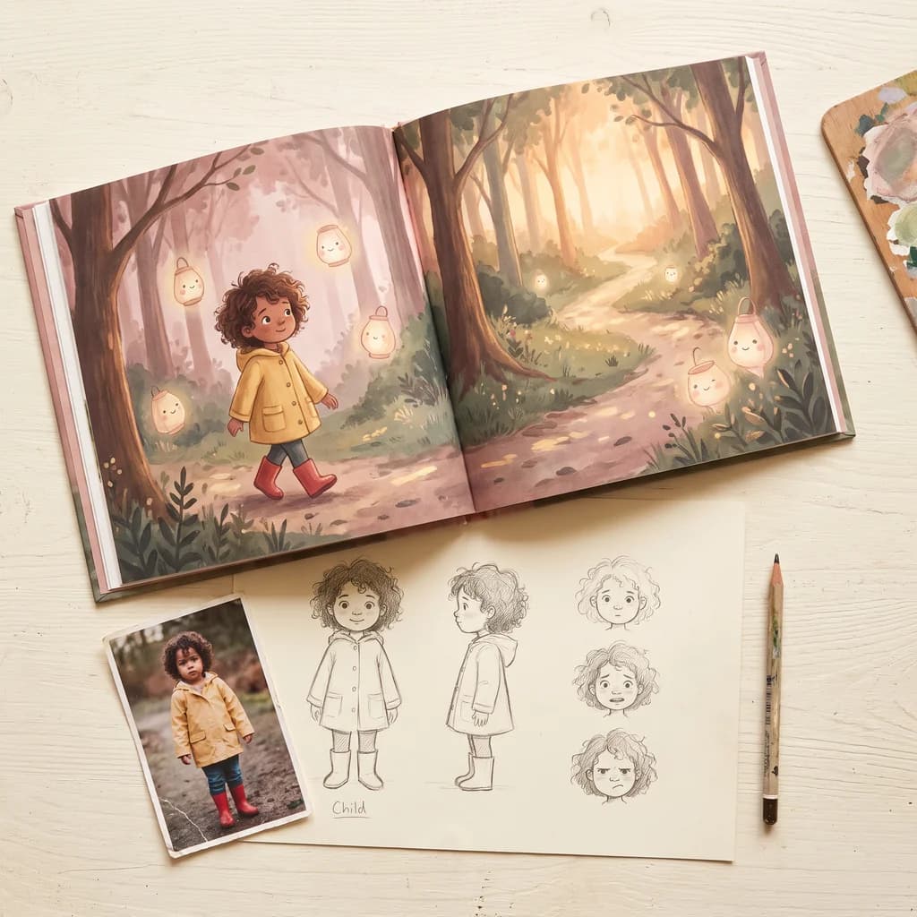A custom picture book open on a desk, its spread showing a seven-year-old hero on a woodland path, beside the character sketch sheet the book was built from