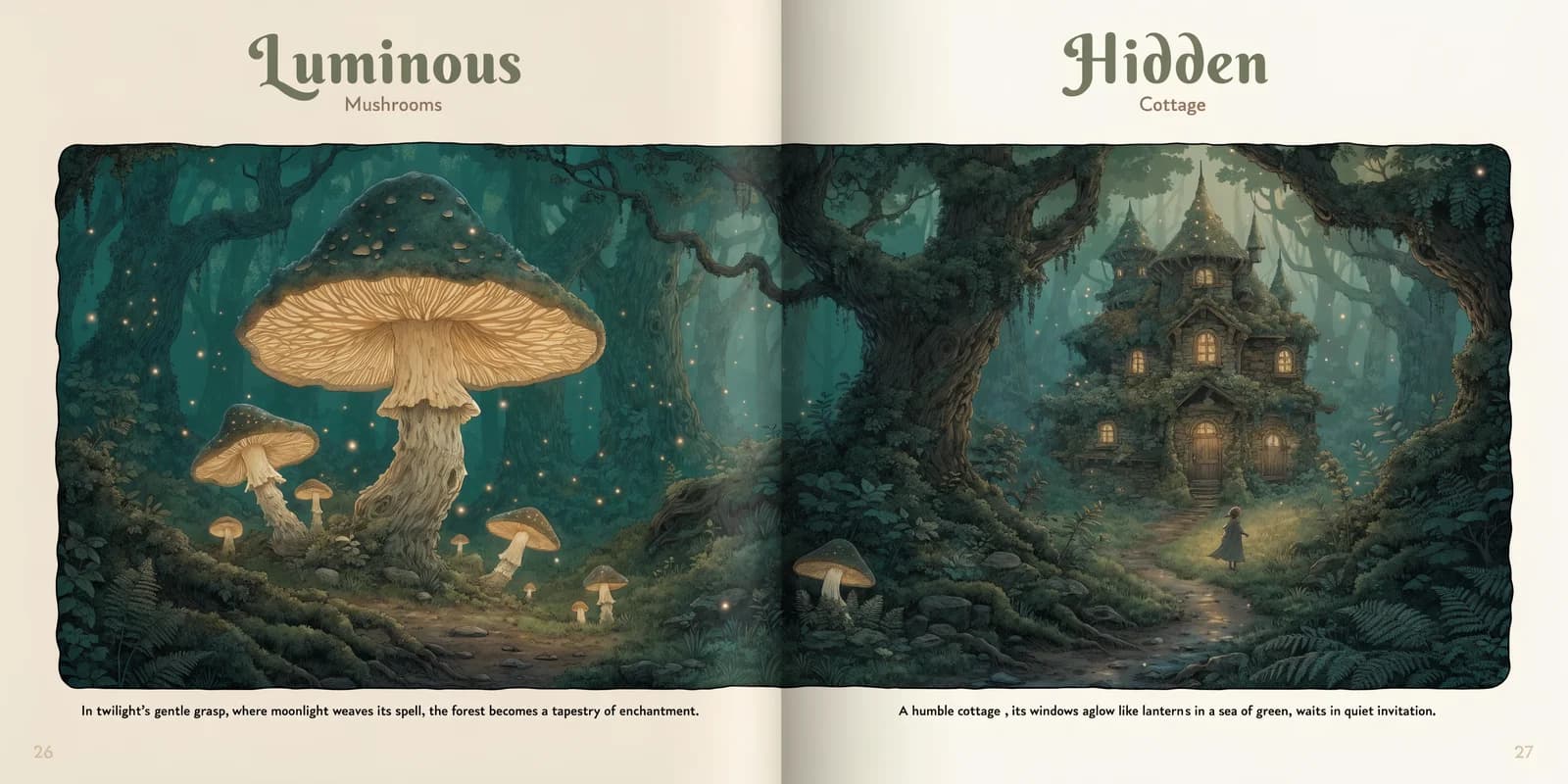 A personalized children's fairy tale book open on a desk showing an illustrated child hero in a magical forest