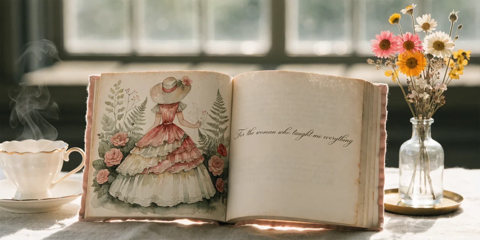 A personalized Mother's Day keepsake book open on a soft linen tablecloth with pressed wildflowers beside it