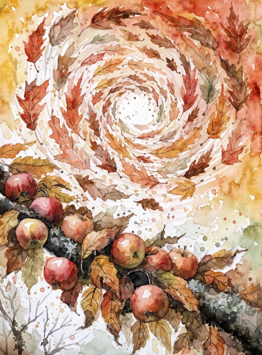 Watercolor study of turning leaves with warm pigments bleeding on wet paper