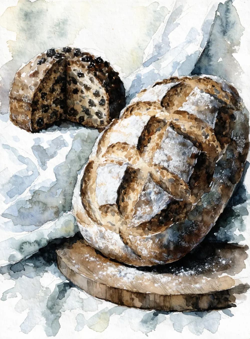 Watercolor study of a scored country loaf and a cut cake on a floured board
