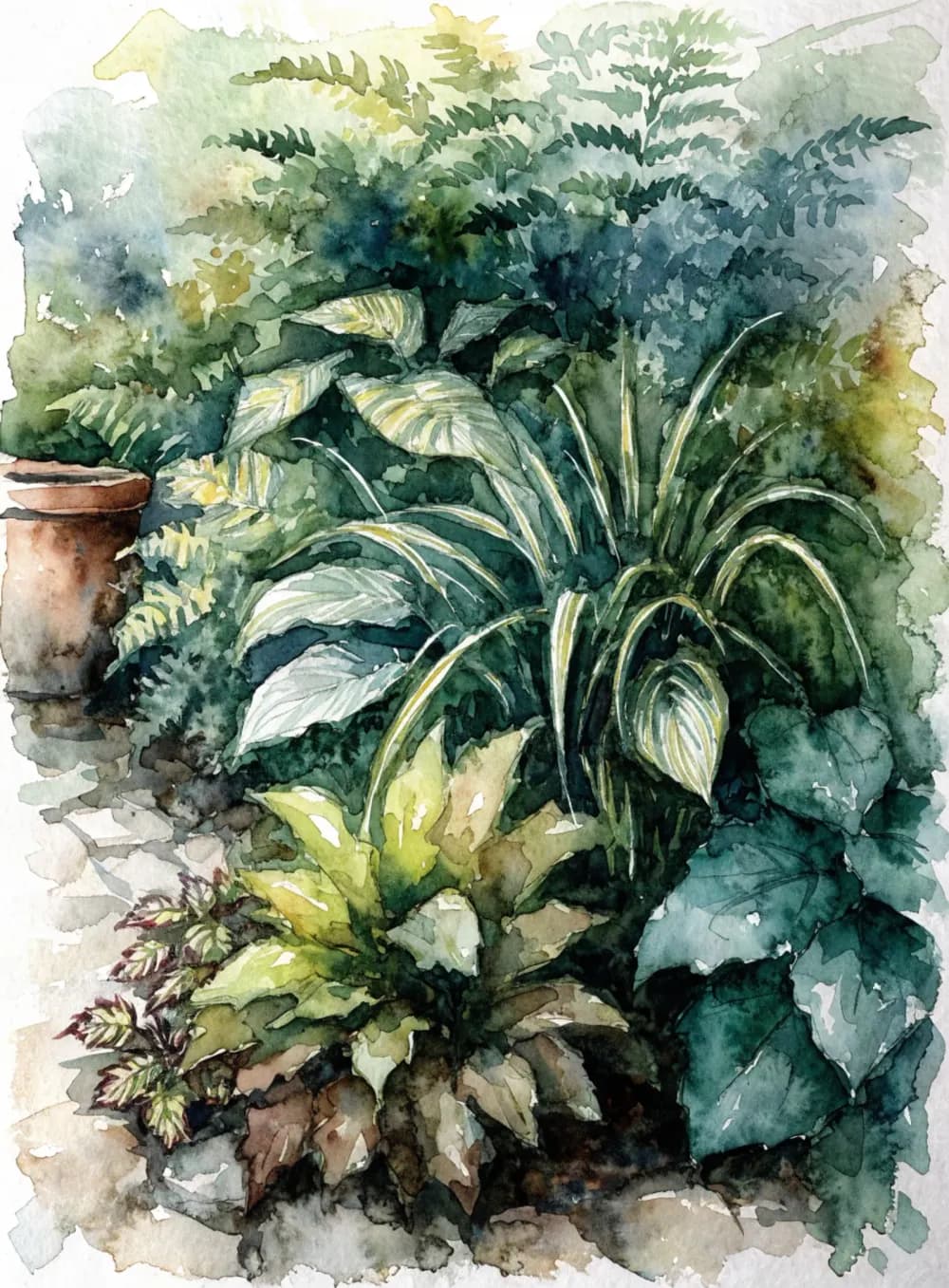 Watercolor study of a planted border in many mixed greens with a terracotta pot