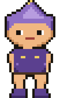 Pixel art character sprite of a young mage in a tall pointed purple hat and robe