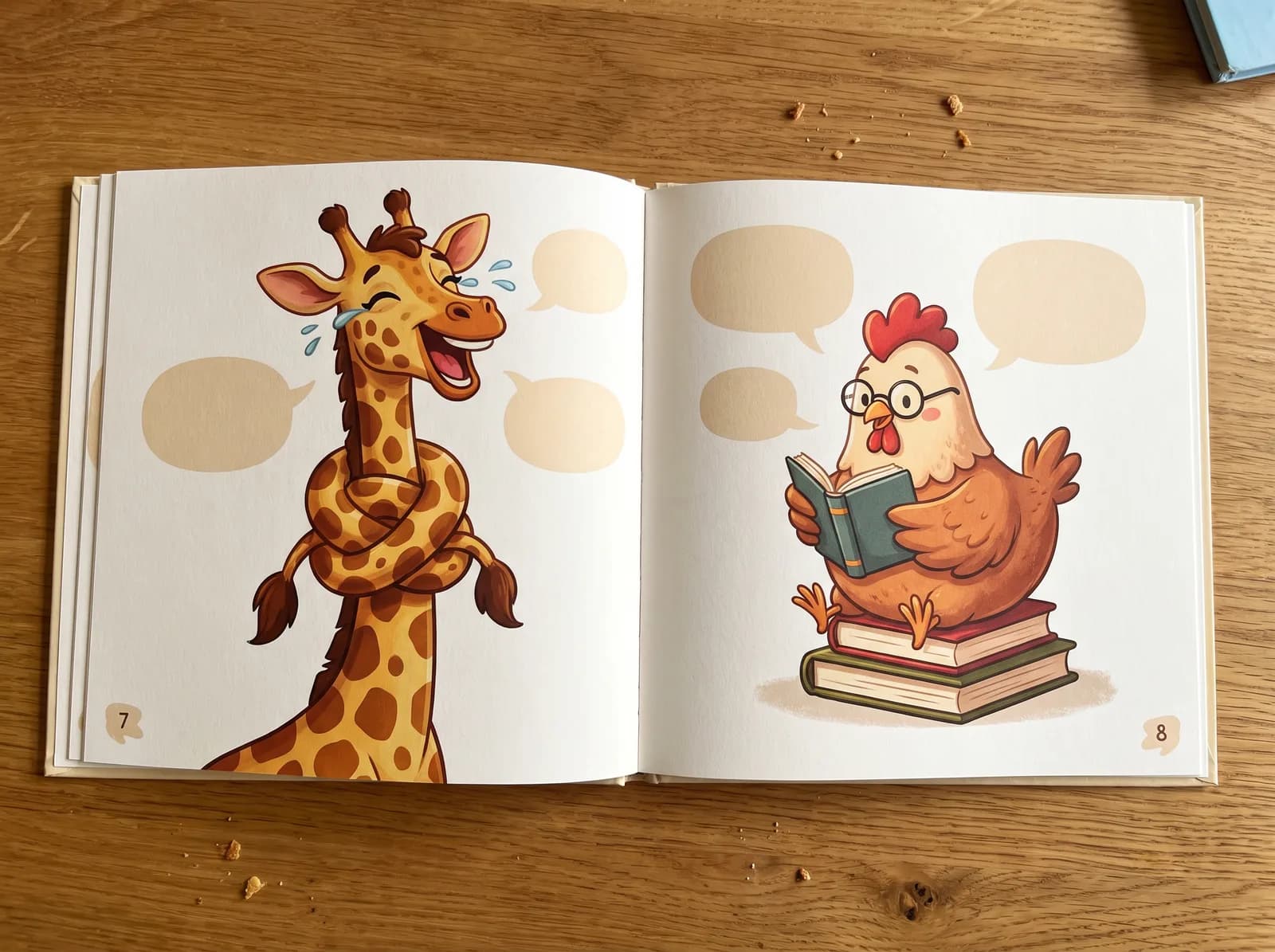 A cartoon spread from a children's joke book with a laughing giraffe and a chicken
