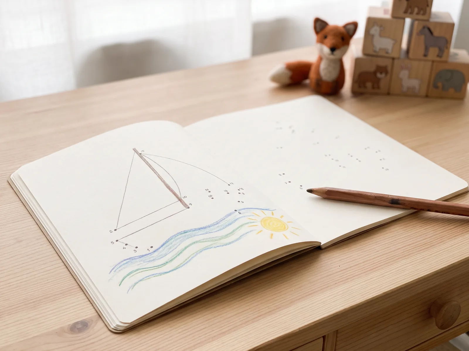 A dot-to-dot puzzle page partly joined to reveal a sailing boat