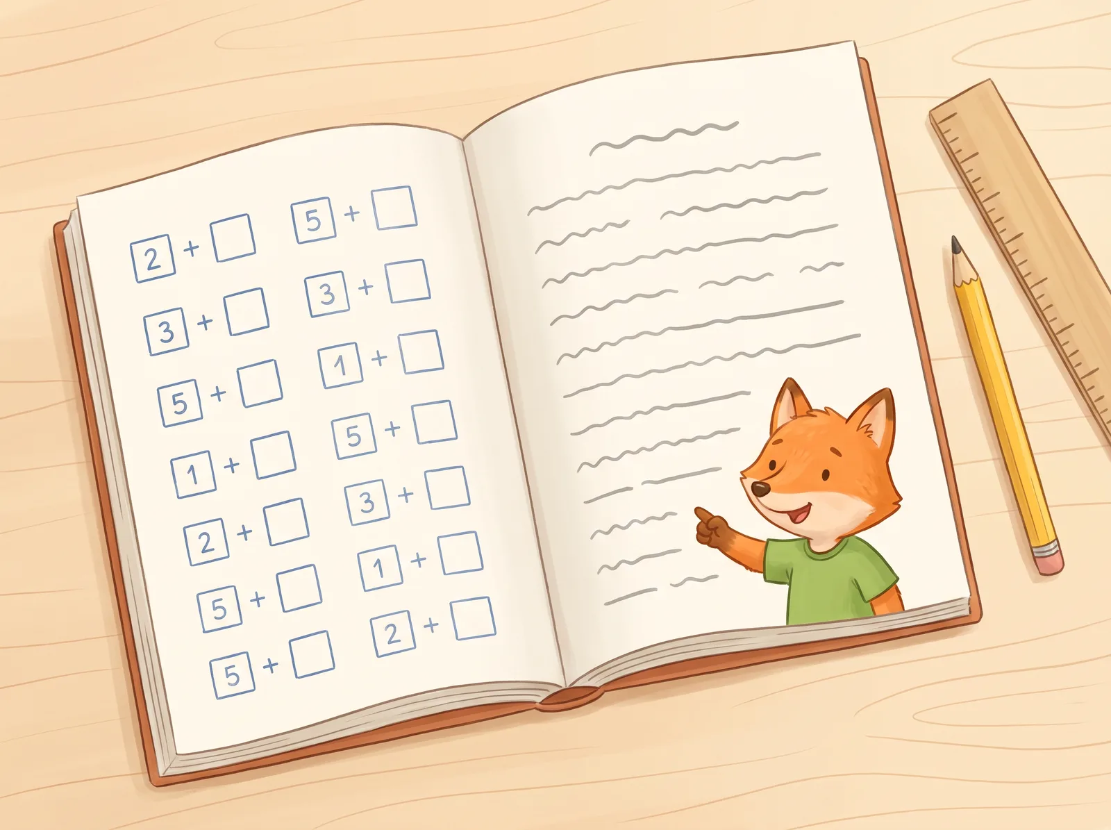 An open elementary workbook with a math practice page and a friendly fox guide character