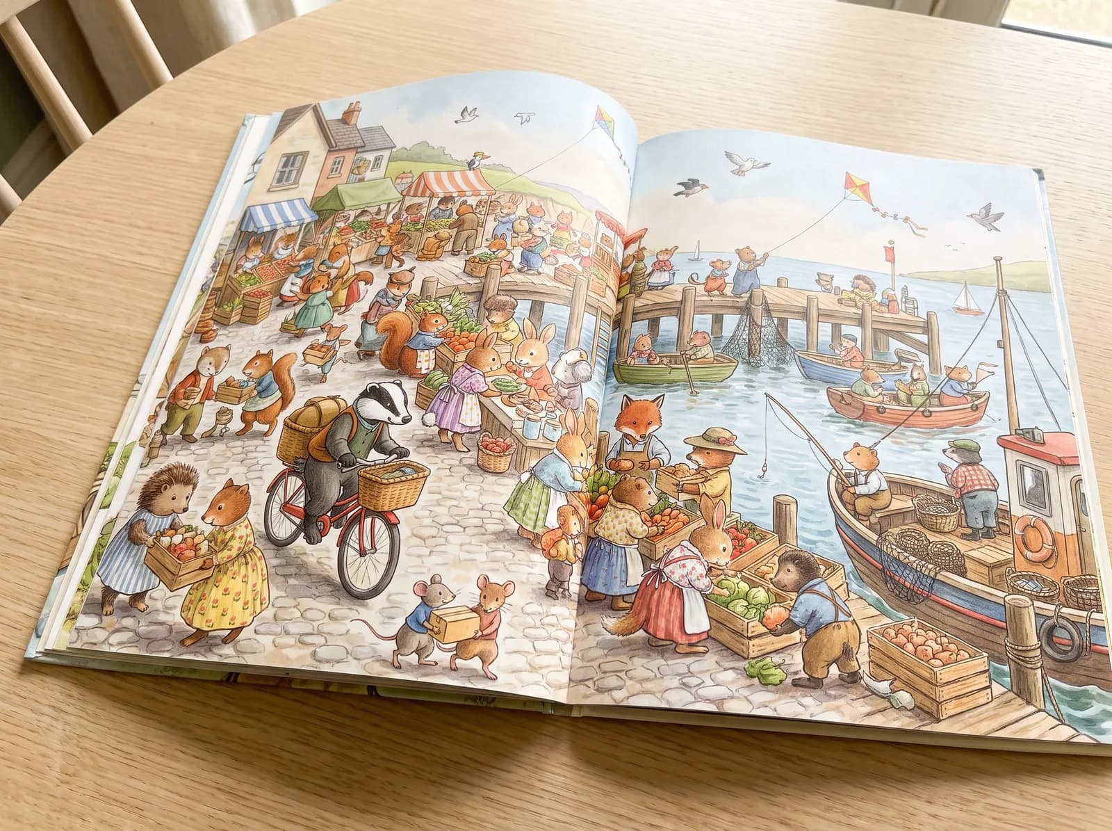 A busy seek-and-find scene of a harbour market full of animals
