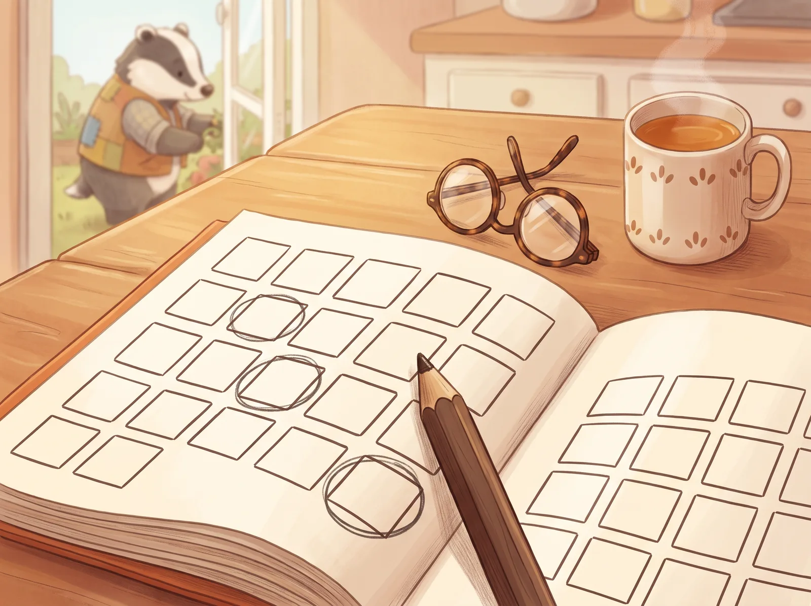 A large-print word search book open on a table with reading glasses and a cup of tea