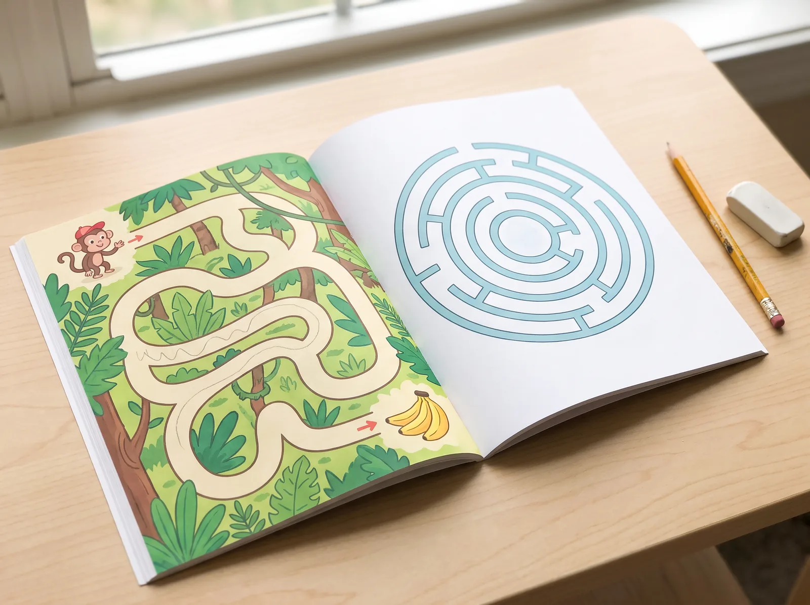 A maze book open to a jungle-scene maze with a pencil line partway through