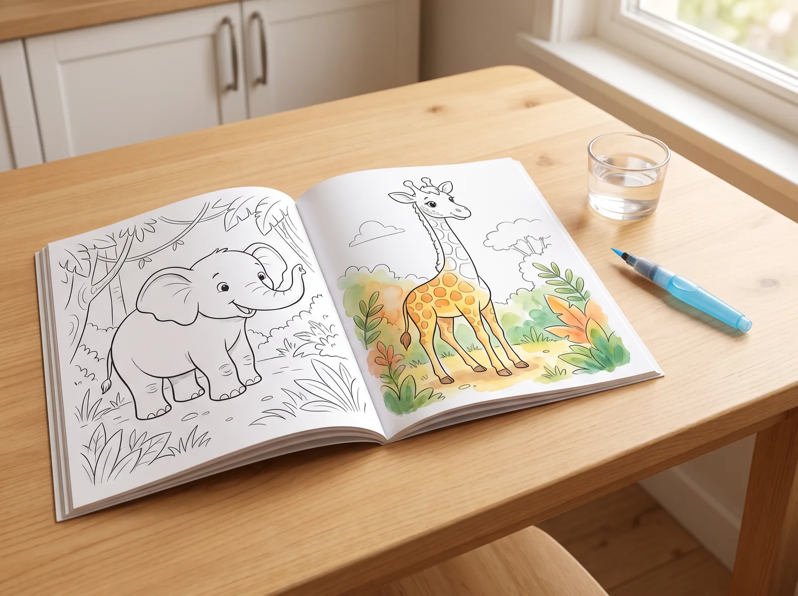 A paint-with-water book with one page half painted so colour shows on a cartoon elephant