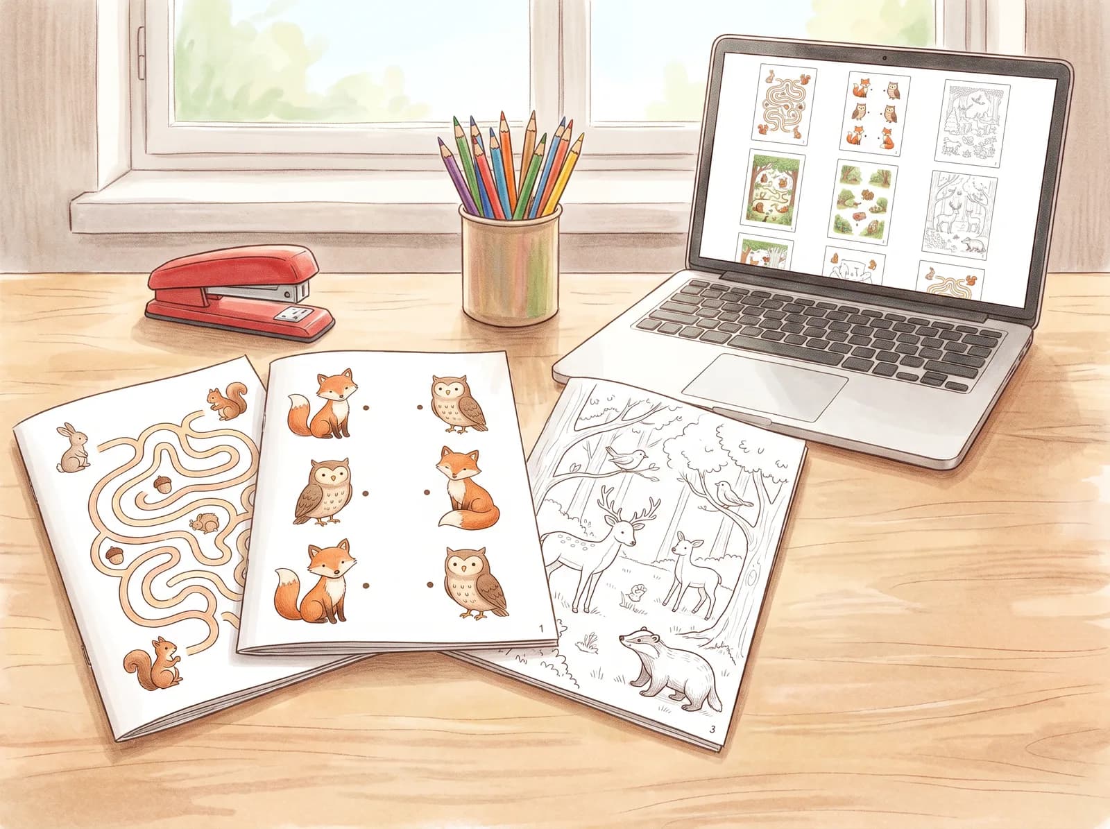 Printed activity pack pages fanned on a desk beside a laptop showing the same pages