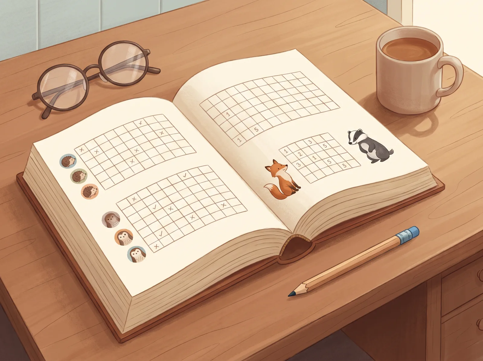 An adult puzzle book open to a logic grid and a number puzzle beside reading glasses
