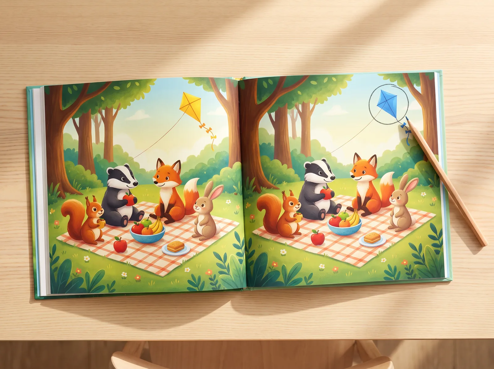 A spot-the-difference book open to two nearly identical pictures of a picnic with animals