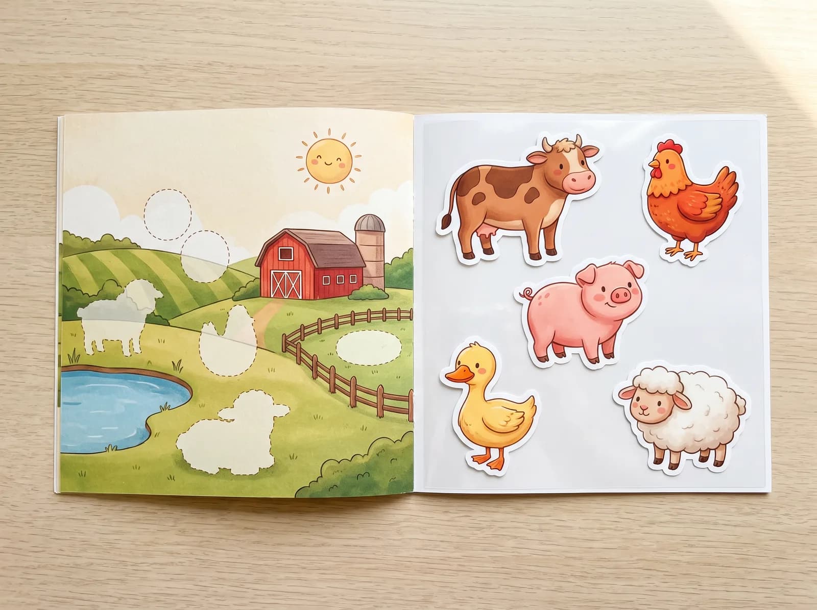 An illustrated farm scene page beside a sheet of animal stickers