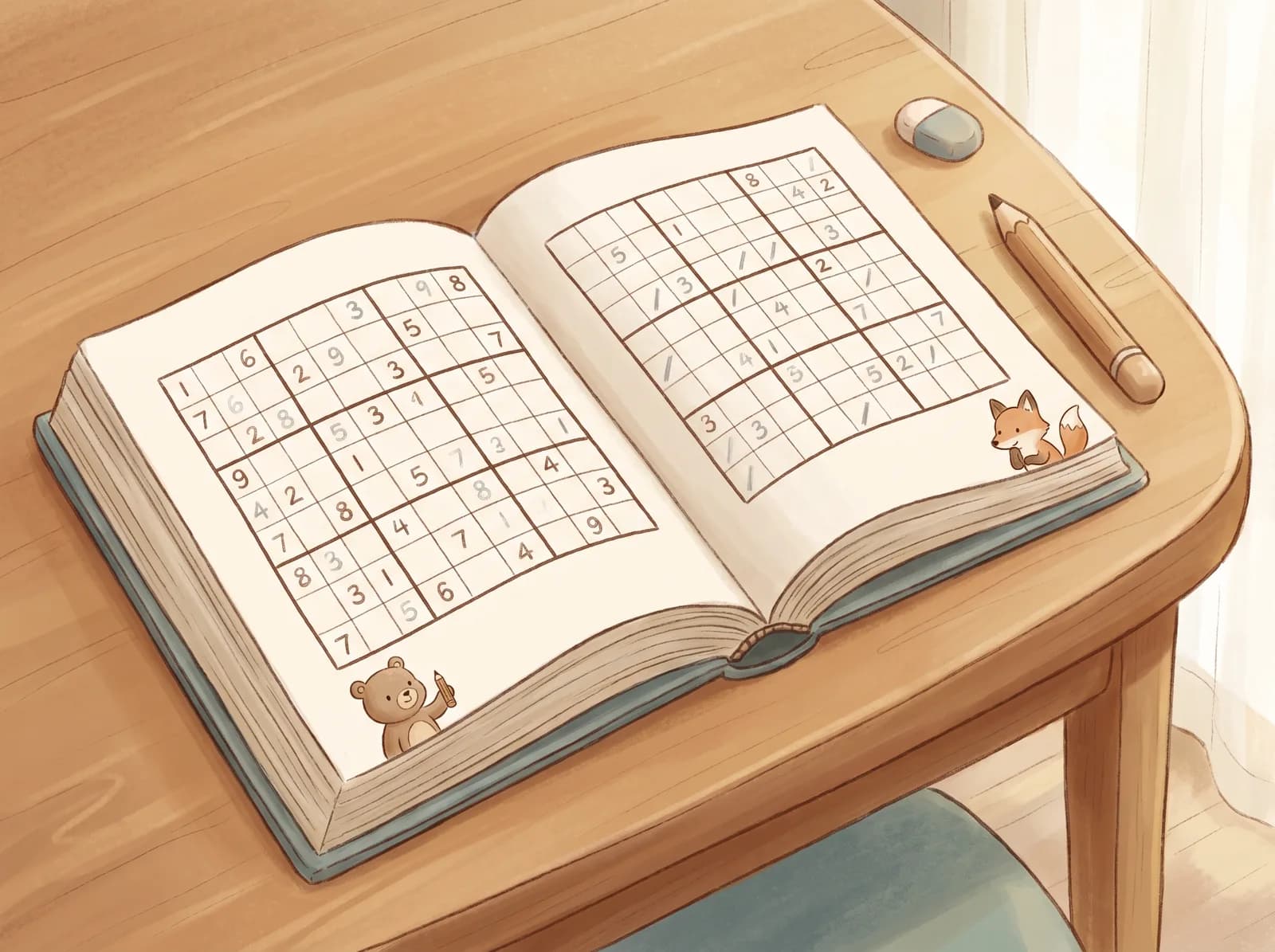 A sudoku book open to two nine-by-nine grids with a few simple numerals filled in