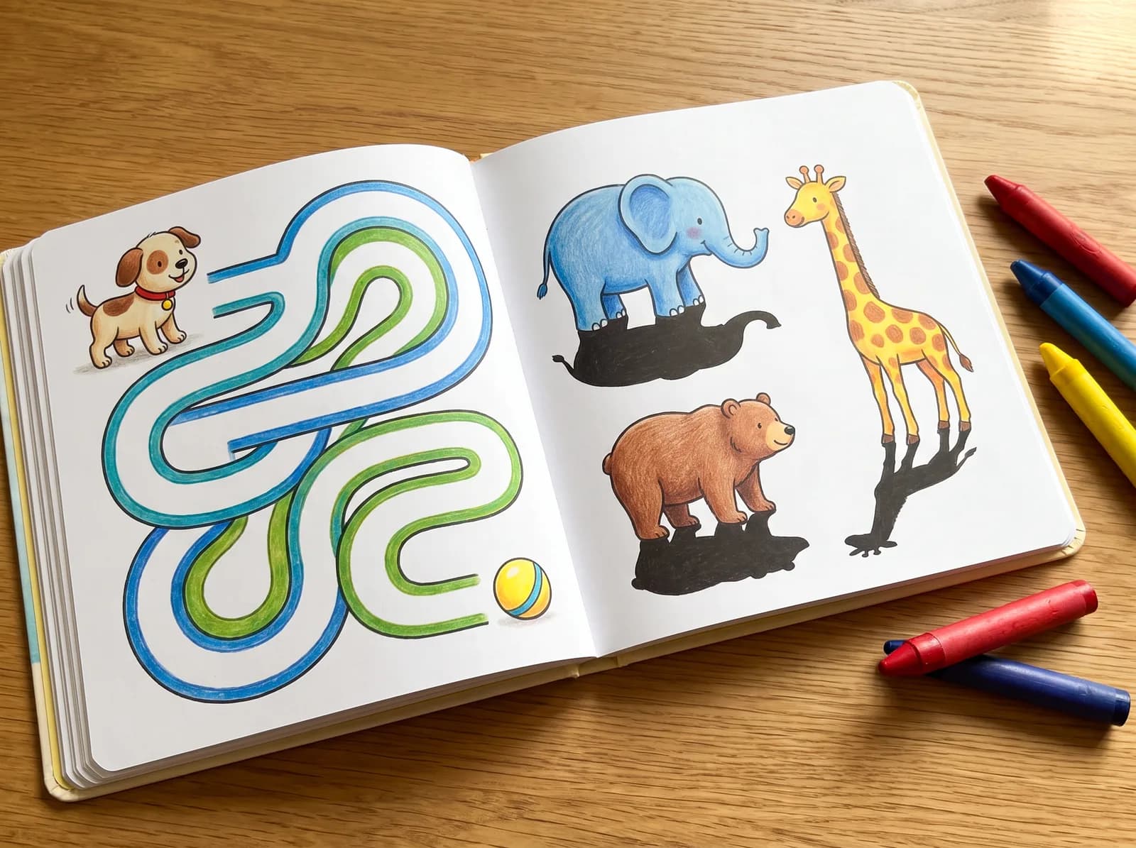 A toddler activity book page with a simple path maze and matching animals
