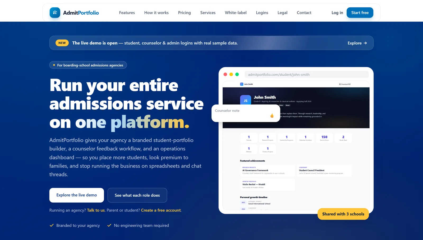 AdmitPortfolio live demo entry with student, counselor and admin logins