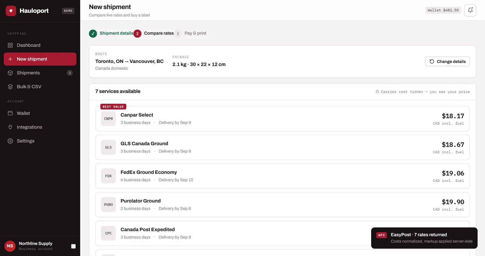 Live multi-carrier rate comparison with carrier cost hidden from the customer