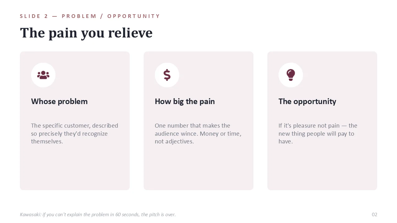 Guy Kawasaki 10/20/30 pitch deck template — sample slide 1