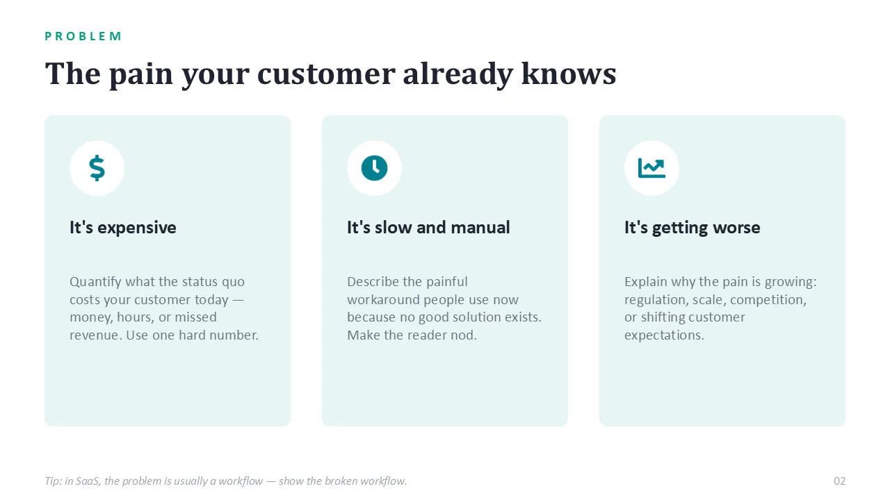SaaS pitch deck template — sample slide 1