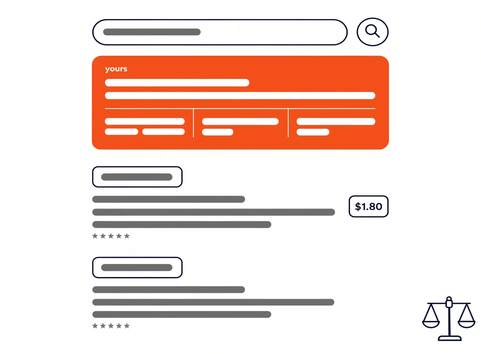 Illustration: an attorney-name search with the firm's own ad in the top slot above two directory listings