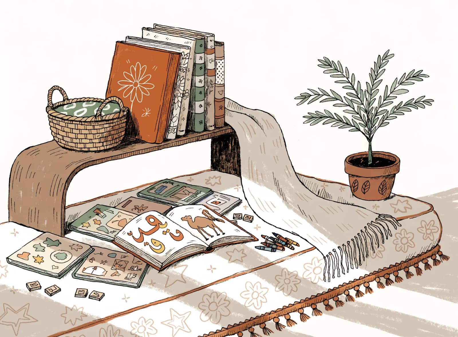 Illustrated Arabic early-years activity books and readers on a classroom table