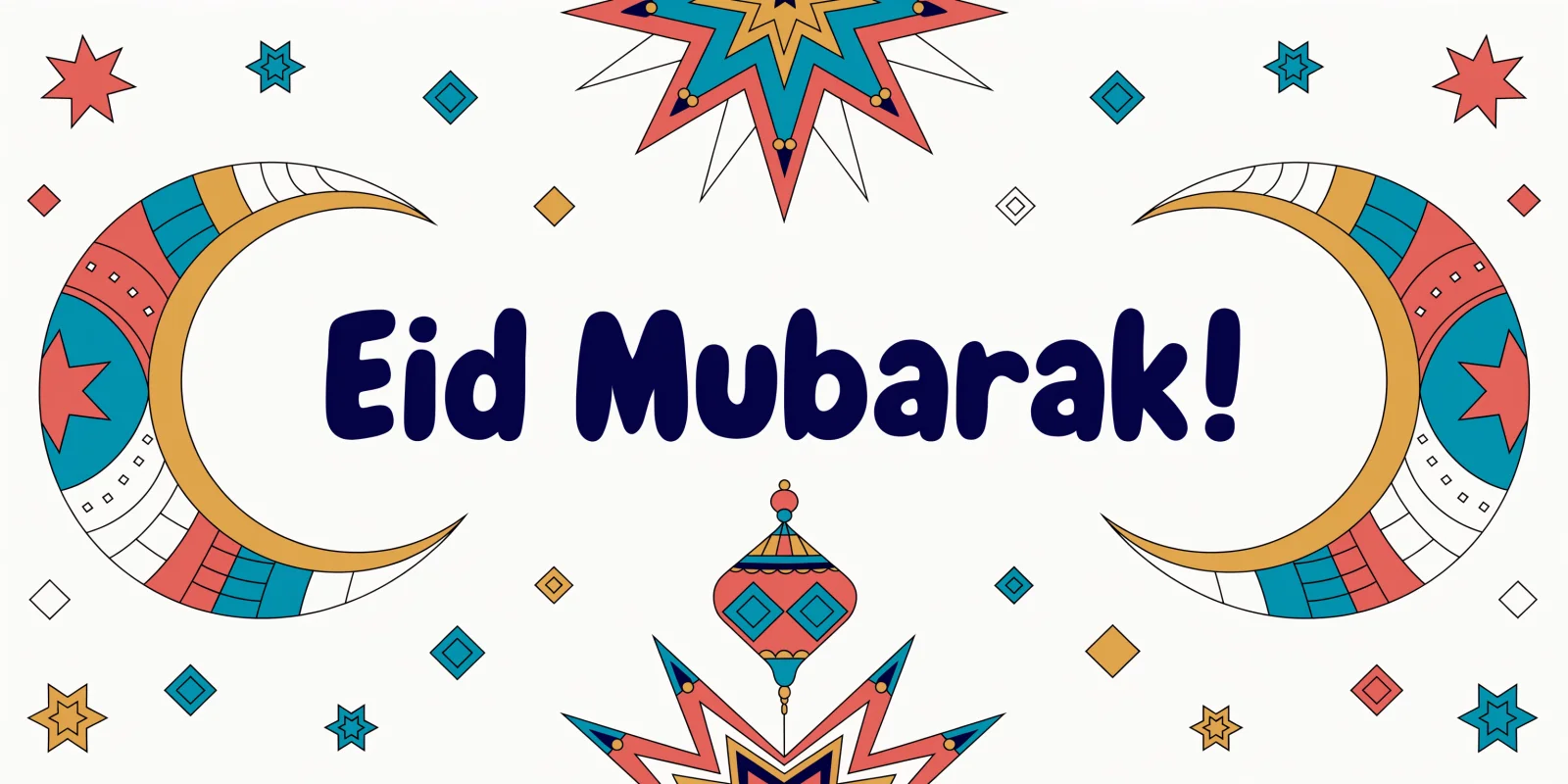 Personalized children's Eid Mubarak card with friendly gold stars and lanterns on mint green and the child's name in playful calligraphy